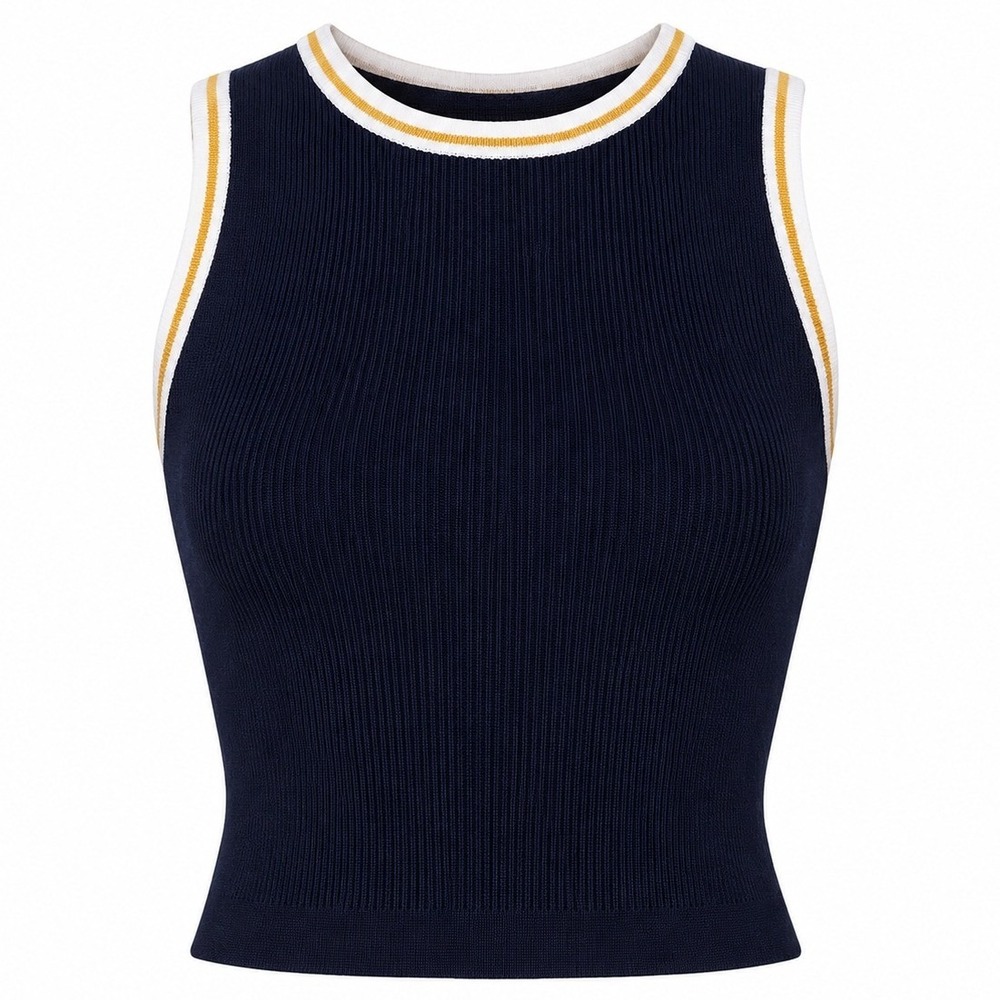 Caroline Constas Navy Rib‎ Knit Cropped Tank Top White Trim Womens M Trendy